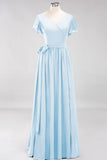Elegant V-Neck Short Sleeve Bridesmaid Dresses with Bow Sash Long Chiffon Evening Prom Dress