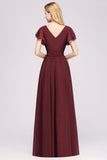 Elegant V-Neck Short Sleeve Bridesmaid Dresses with Bow Sash Long Chiffon Evening Prom Dress