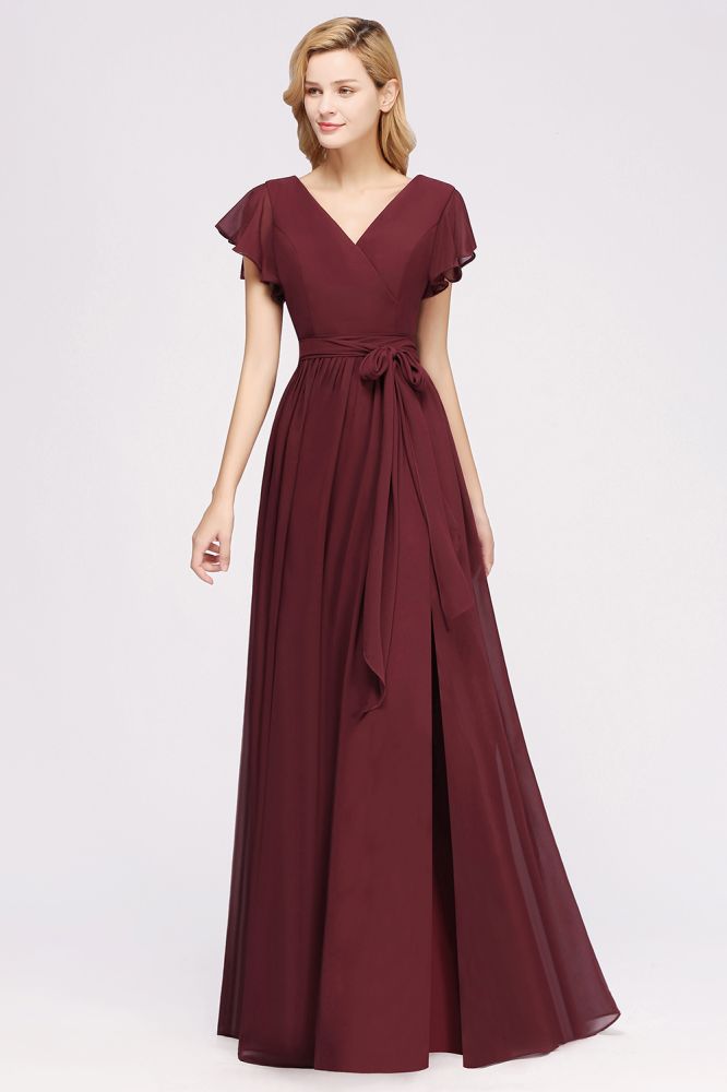 Elegant V-Neck Short Sleeve Bridesmaid Dresses with Bow Sash Long Chiffon Evening Prom Dress