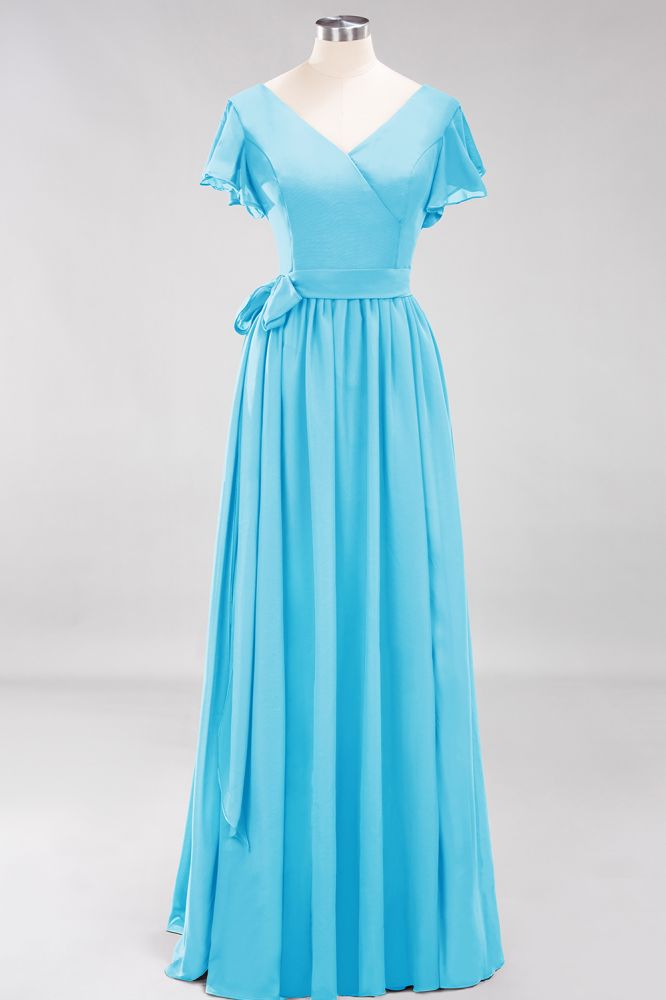 Elegant V-Neck Short Sleeve Bridesmaid Dresses with Bow Sash Long Chiffon Evening Prom Dress