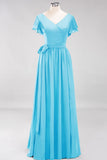 Elegant V-Neck Short Sleeve Bridesmaid Dresses with Bow Sash Long Chiffon Evening Prom Dress