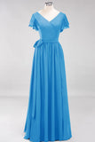 Elegant V-Neck Short Sleeve Bridesmaid Dresses with Bow Sash Long Chiffon Evening Prom Dress