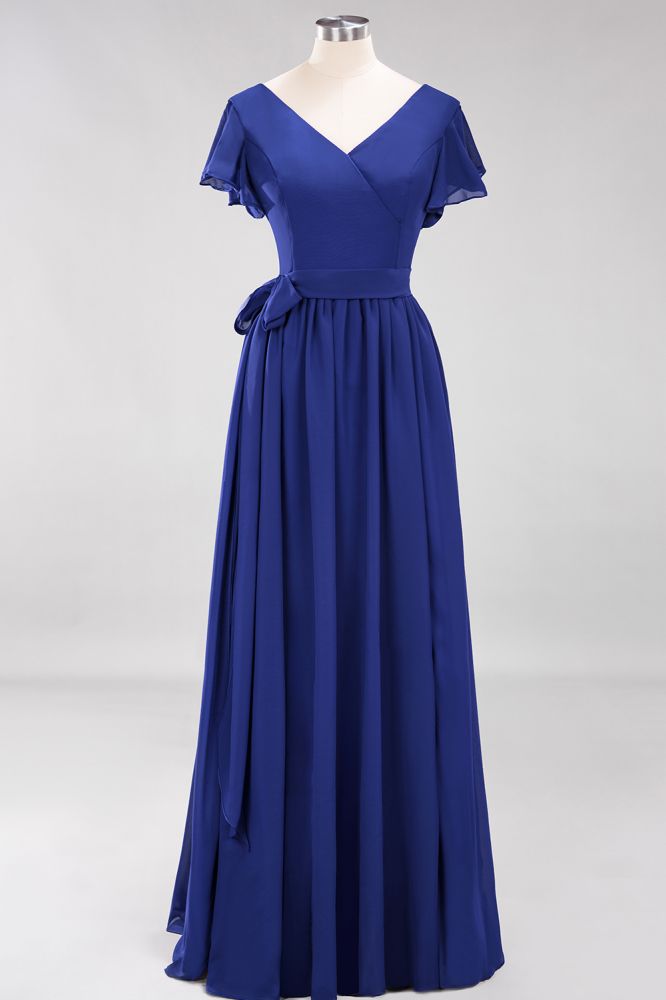 Elegant V-Neck Short Sleeve Bridesmaid Dresses with Bow Sash Long Chiffon Evening Prom Dress