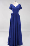 Elegant V-Neck Short Sleeve Bridesmaid Dresses with Bow Sash Long Chiffon Evening Prom Dress