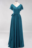 Elegant V-Neck Short Sleeve Bridesmaid Dresses with Bow Sash Long Chiffon Evening Prom Dress