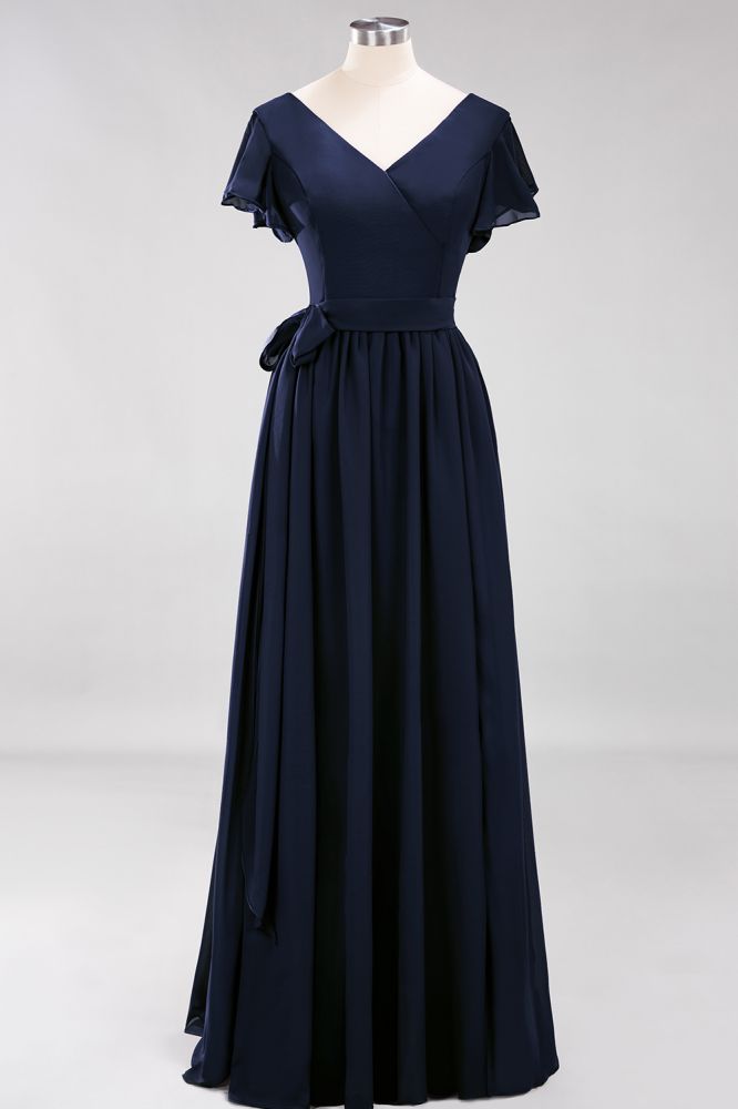 Elegant V-Neck Short Sleeve Bridesmaid Dresses with Bow Sash Long Chiffon Evening Prom Dress