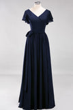 Elegant V-Neck Short Sleeve Bridesmaid Dresses with Bow Sash Long Chiffon Evening Prom Dress
