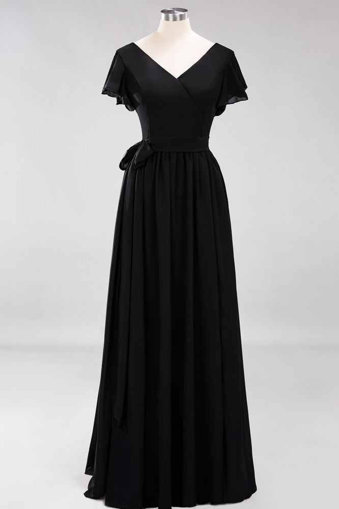 Elegant V-Neck Short Sleeve Bridesmaid Dresses with Bow Sash Long Chiffon Evening Prom Dress