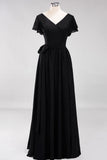 Elegant V-Neck Short Sleeve Bridesmaid Dresses with Bow Sash Long Chiffon Evening Prom Dress