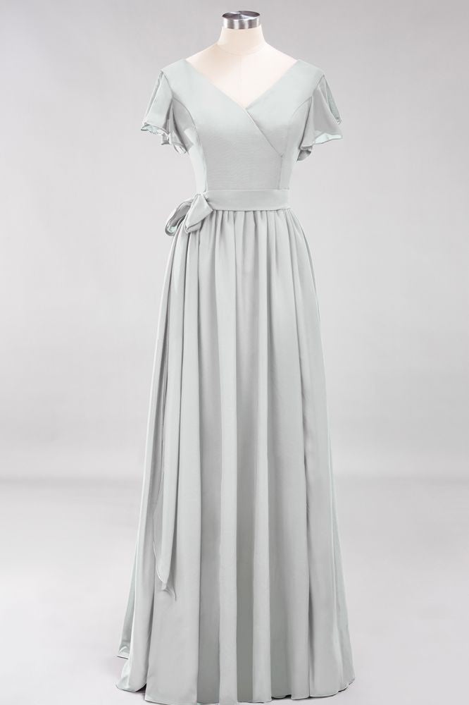 Elegant V-Neck Short Sleeve Bridesmaid Dresses with Bow Sash Long Chiffon Evening Prom Dress