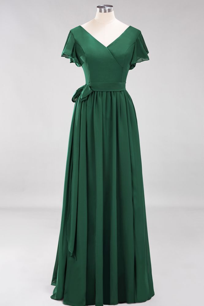 Elegant V-Neck Short Sleeve Bridesmaid Dresses with Bow Sash Long Chiffon Evening Prom Dress