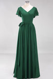 Elegant V-Neck Short Sleeve Bridesmaid Dresses with Bow Sash Long Chiffon Evening Prom Dress