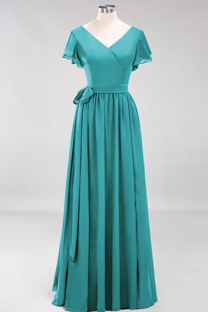 Elegant V-Neck Short Sleeve Bridesmaid Dresses with Bow Sash Long Chiffon Evening Prom Dress