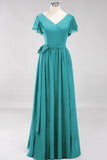 Elegant V-Neck Short Sleeve Bridesmaid Dresses with Bow Sash Long Chiffon Evening Prom Dress