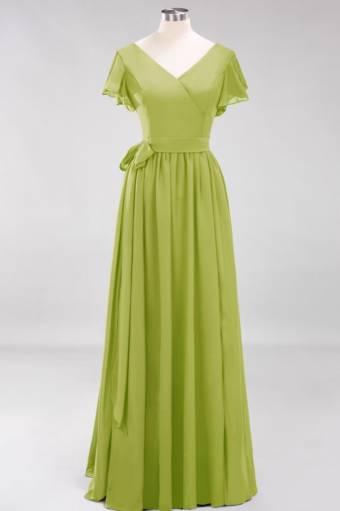 Elegant V-Neck Short Sleeve Bridesmaid Dresses with Bow Sash Long Chiffon Evening Prom Dress