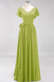 Elegant V-Neck Short Sleeve Bridesmaid Dresses with Bow Sash Long Chiffon Evening Prom Dress
