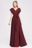 Elegant V-Neck Short Sleeve Bridesmaid Dresses with Bow Sash Long Chiffon Evening Prom Dress