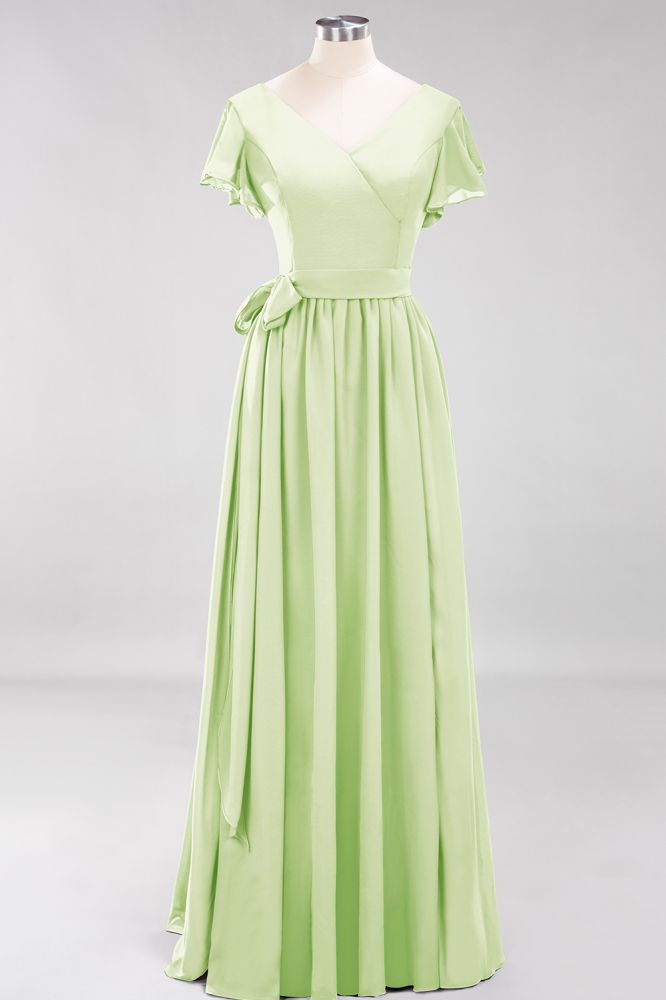 Elegant V-Neck Short Sleeve Bridesmaid Dresses with Bow Sash Long Chiffon Evening Prom Dress