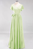 Elegant V-Neck Short Sleeve Bridesmaid Dresses with Bow Sash Long Chiffon Evening Prom Dress