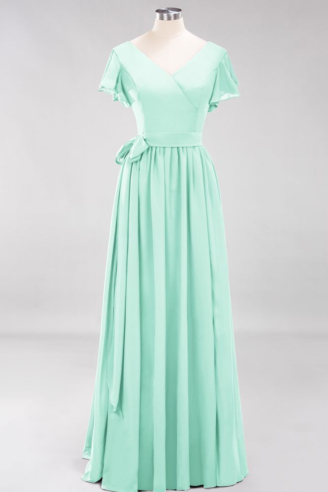 Elegant V-Neck Short Sleeve Bridesmaid Dresses with Bow Sash Long Chiffon Evening Prom Dress