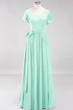 Elegant V-Neck Short Sleeve Bridesmaid Dresses with Bow Sash Long Chiffon Evening Prom Dress