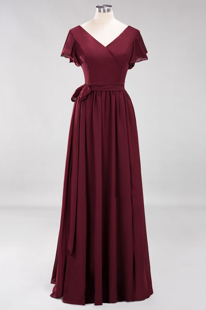 Elegant V-Neck Short Sleeve Bridesmaid Dresses with Bow Sash Long Chiffon Evening Prom Dress