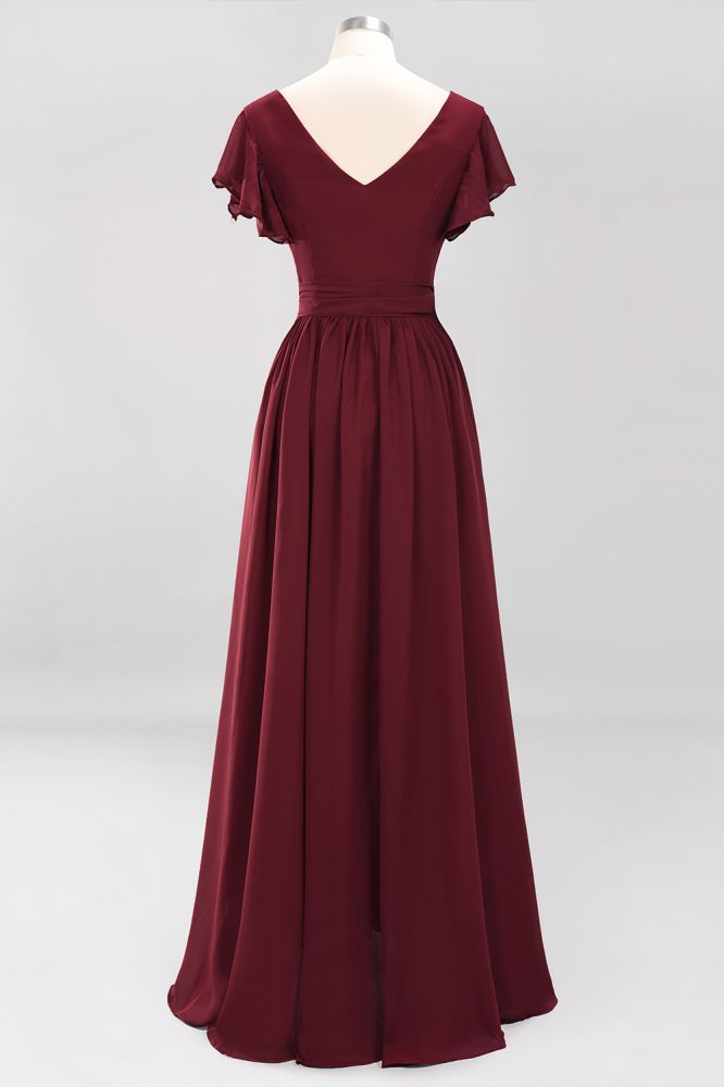 Elegant V-Neck Short Sleeve Bridesmaid Dresses with Bow Sash Long Chiffon Evening Prom Dress