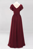 Elegant V-Neck Short Sleeve Bridesmaid Dresses with Bow Sash Long Chiffon Evening Prom Dress