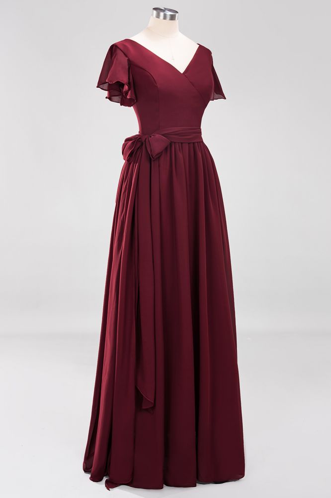 Elegant V-Neck Short Sleeve Bridesmaid Dresses with Bow Sash Long Chiffon Evening Prom Dress