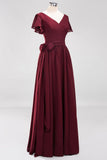 Elegant V-Neck Short Sleeve Bridesmaid Dresses with Bow Sash Long Chiffon Evening Prom Dress
