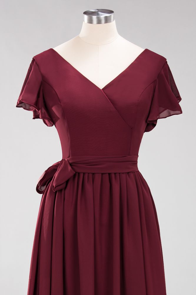 Elegant V-Neck Short Sleeve Bridesmaid Dresses with Bow Sash Long Chiffon Evening Prom Dress