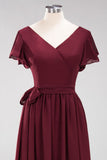 Elegant V-Neck Short Sleeve Bridesmaid Dresses with Bow Sash Long Chiffon Evening Prom Dress