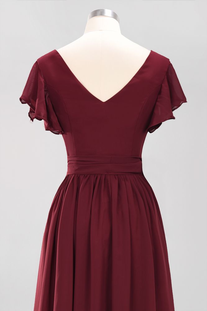 Elegant V-Neck Short Sleeve Bridesmaid Dresses with Bow Sash Long Chiffon Evening Prom Dress