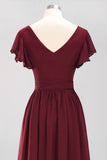 Elegant V-Neck Short Sleeve Bridesmaid Dresses with Bow Sash Long Chiffon Evening Prom Dress