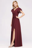 Elegant V-Neck Short Sleeve Bridesmaid Dresses with Bow Sash Long Chiffon Evening Prom Dress