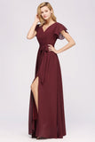 Elegant V-Neck Short Sleeve Bridesmaid Dresses with Bow Sash Long Chiffon Evening Prom Dress