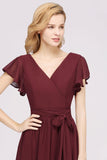 Elegant V-Neck Short Sleeve Bridesmaid Dresses with Bow Sash Long Chiffon Evening Prom Dress