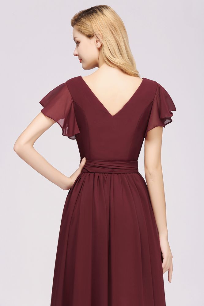 Elegant V-Neck Short Sleeve Bridesmaid Dresses with Bow Sash Long Chiffon Evening Prom Dress