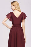 Elegant V-Neck Short Sleeve Bridesmaid Dresses with Bow Sash Long Chiffon Evening Prom Dress