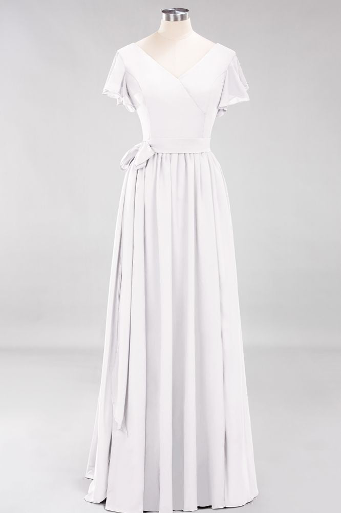 Elegant V-Neck Short Sleeve Bridesmaid Dresses with Bow Sash Long Chiffon Evening Prom Dress