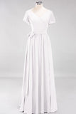 Elegant V-Neck Short Sleeve Bridesmaid Dresses with Bow Sash Long Chiffon Evening Prom Dress