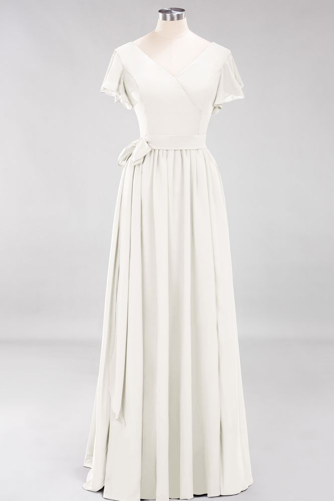 Elegant V-Neck Short Sleeve Bridesmaid Dresses with Bow Sash Long Chiffon Evening Prom Dress