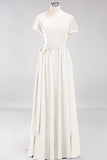 Elegant V-Neck Short Sleeve Bridesmaid Dresses with Bow Sash Long Chiffon Evening Prom Dress