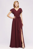 Elegant V-Neck Short Sleeve Bridesmaid Dresses with Bow Sash Long Chiffon Evening Prom Dress