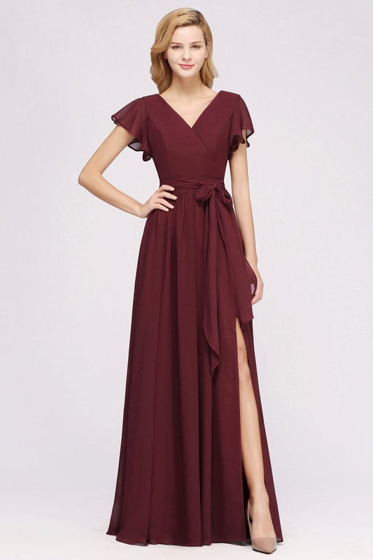 Elegant V-Neck Short Sleeve Bridesmaid Dresses with Bow Sash Long Chiffon Evening Prom Dress