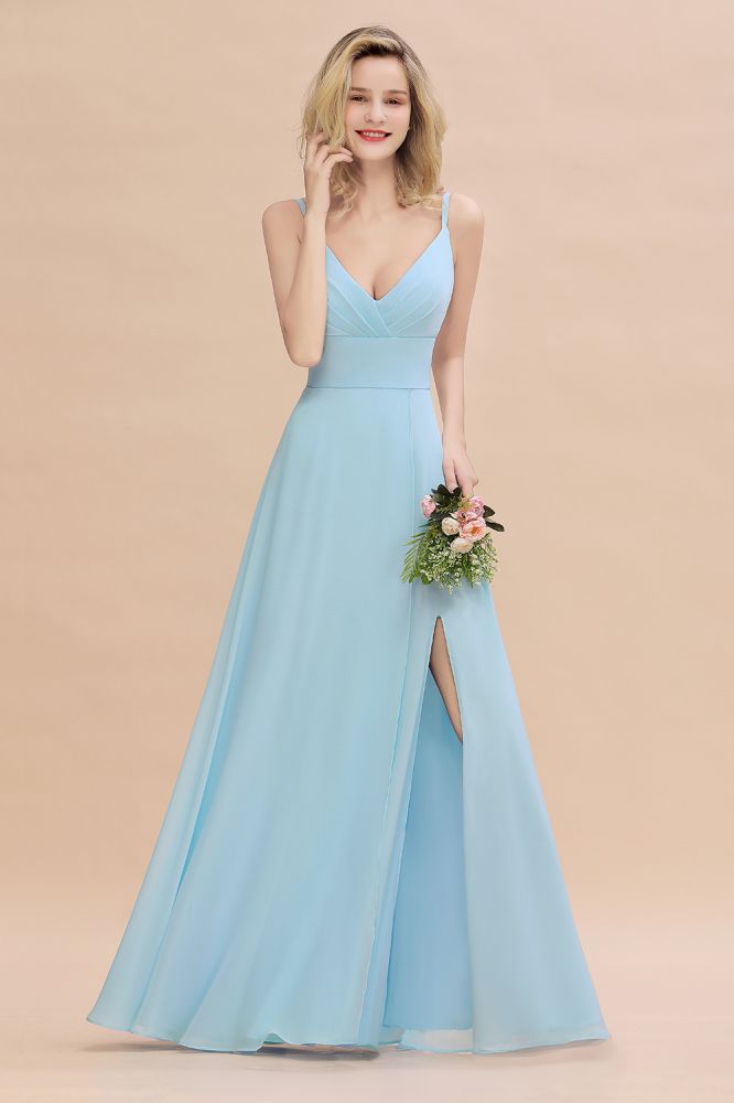 Elegant Front Split Bridesmaid Dresses Garden Spaghetti Straps V-neck Long Formal Evening Dress