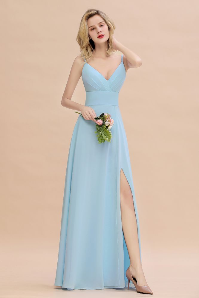 Elegant Front Split Bridesmaid Dresses Garden Spaghetti Straps V-neck Long Formal Evening Dress
