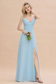 Elegant Front Split Bridesmaid Dresses Garden Spaghetti Straps V-neck Long Formal Evening Dress