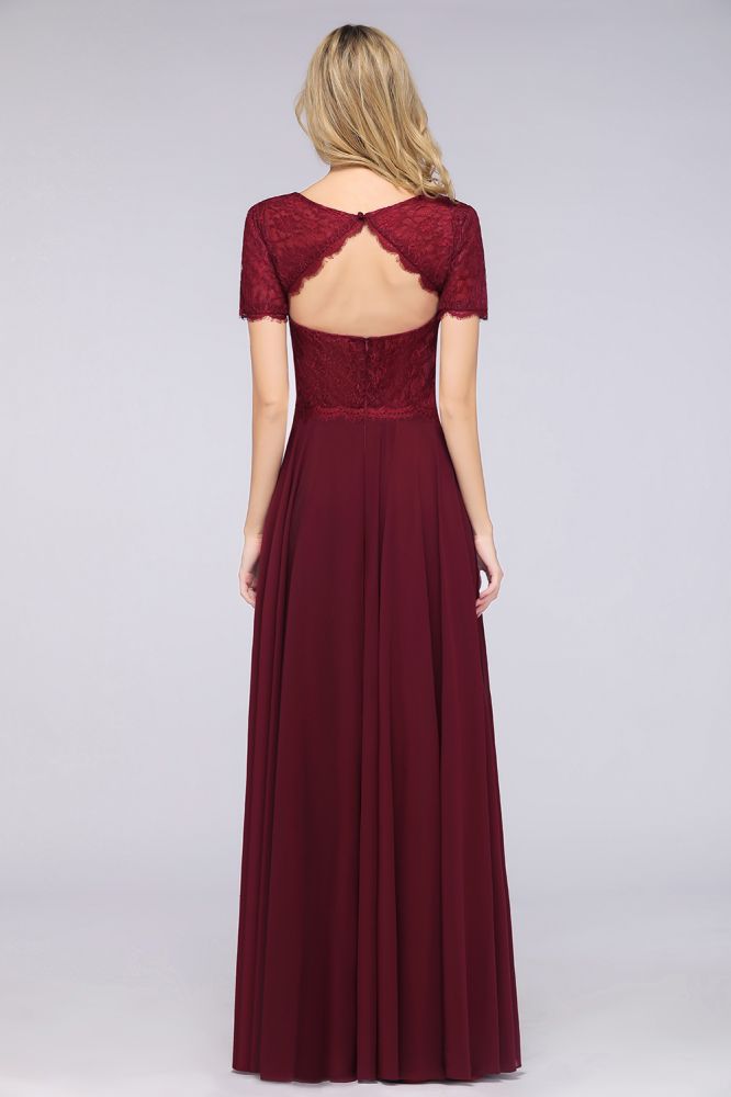 Elegant Short-Sleeves Long Bridesmaid Dress Chiffon Lace Round-Neck Evening Dress