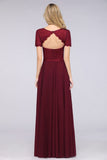 Elegant Short-Sleeves Long Bridesmaid Dress Chiffon Lace Round-Neck Evening Dress